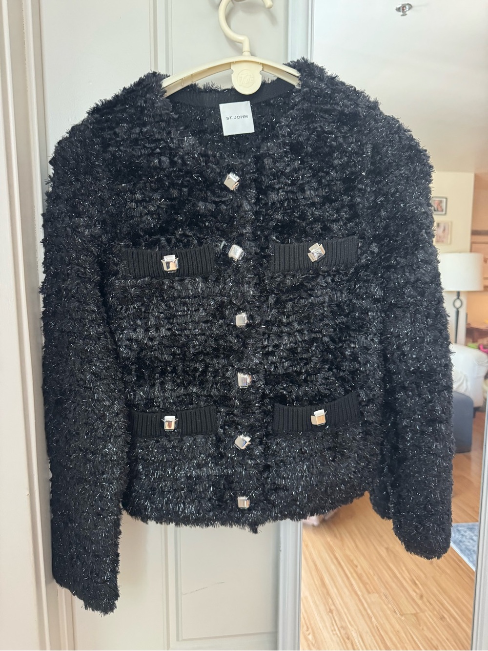 St. John Black Textured Bouclé Cropped Jacket